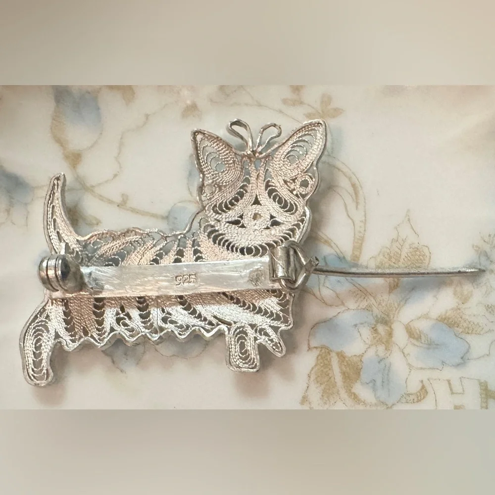 Vtg Sterling Silver Scottish Terrier Filigree Brooch Pin